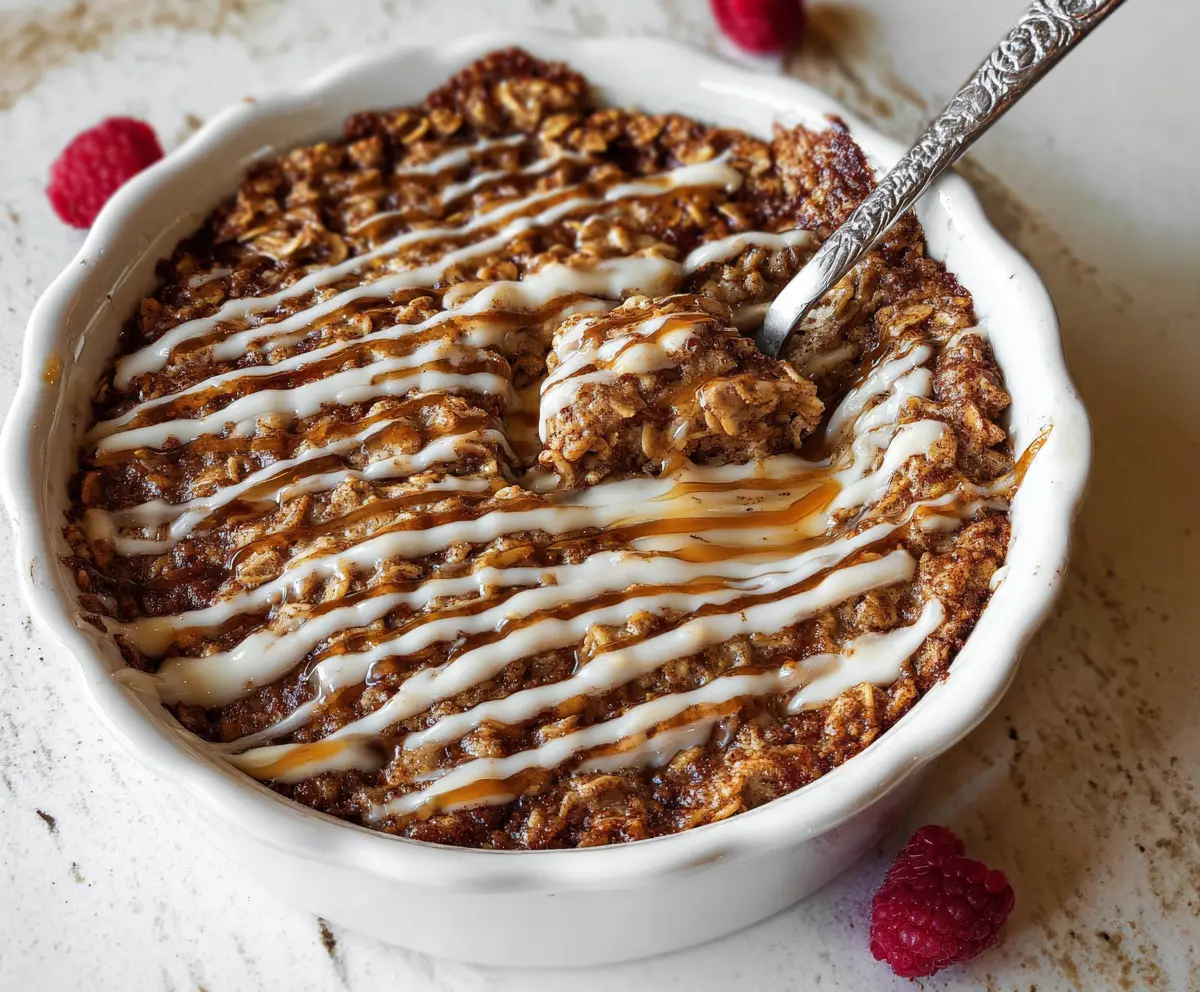 Delicious cinnamon roll baked oatmeal in a baking dish topped with cinnamon and icing.