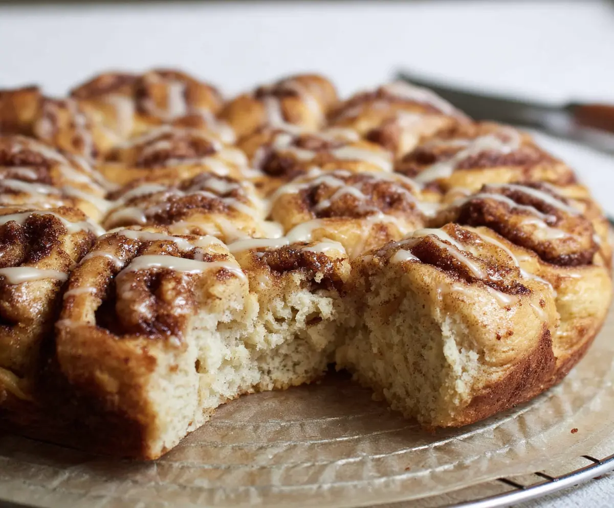 Delicious cinnamon roll sourdough focaccia topped with cinnamon swirls and a glossy glaze.