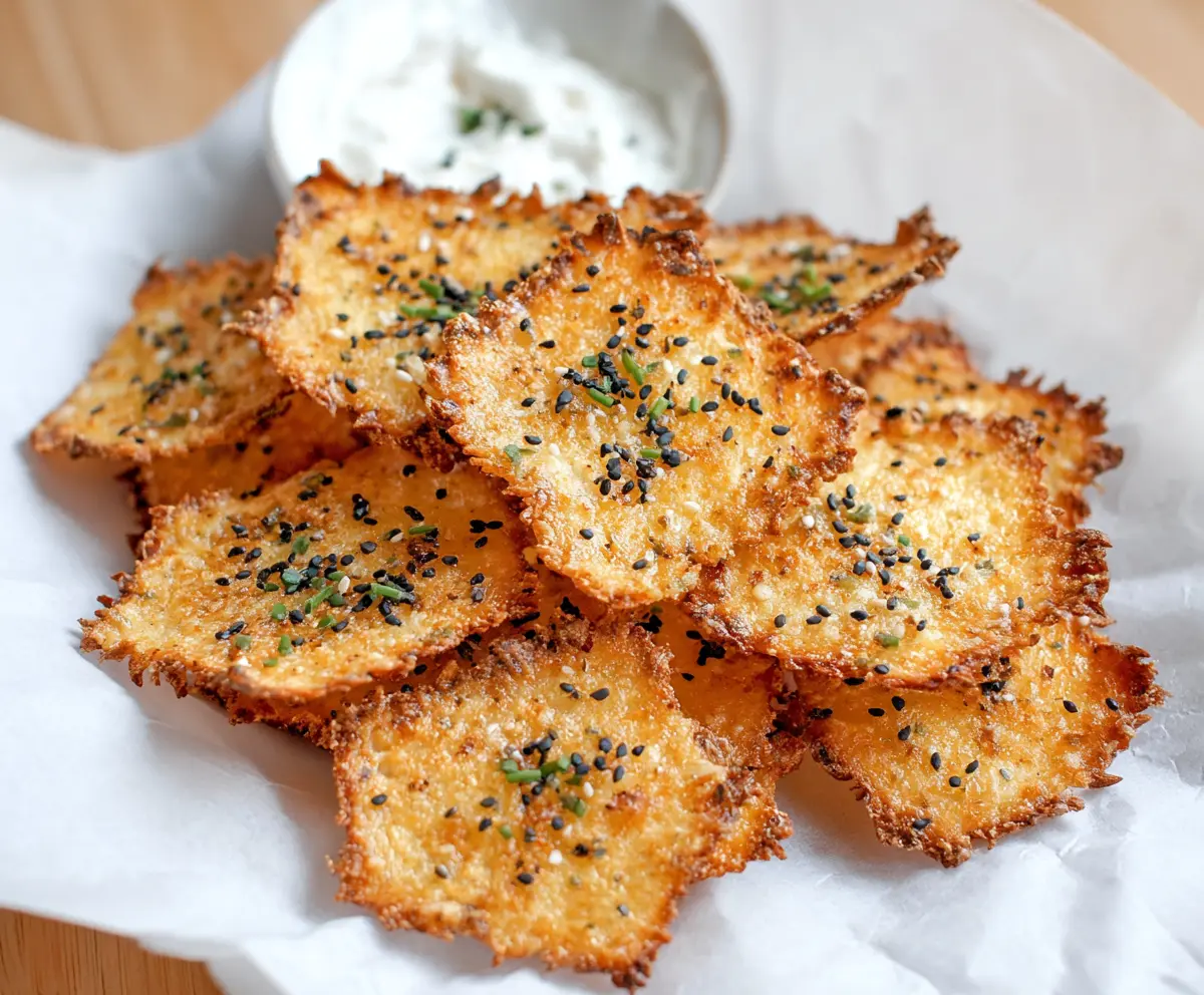 Cottage cheese baked chips served with fresh vegetables on a white plate, crispy and healthy snack.