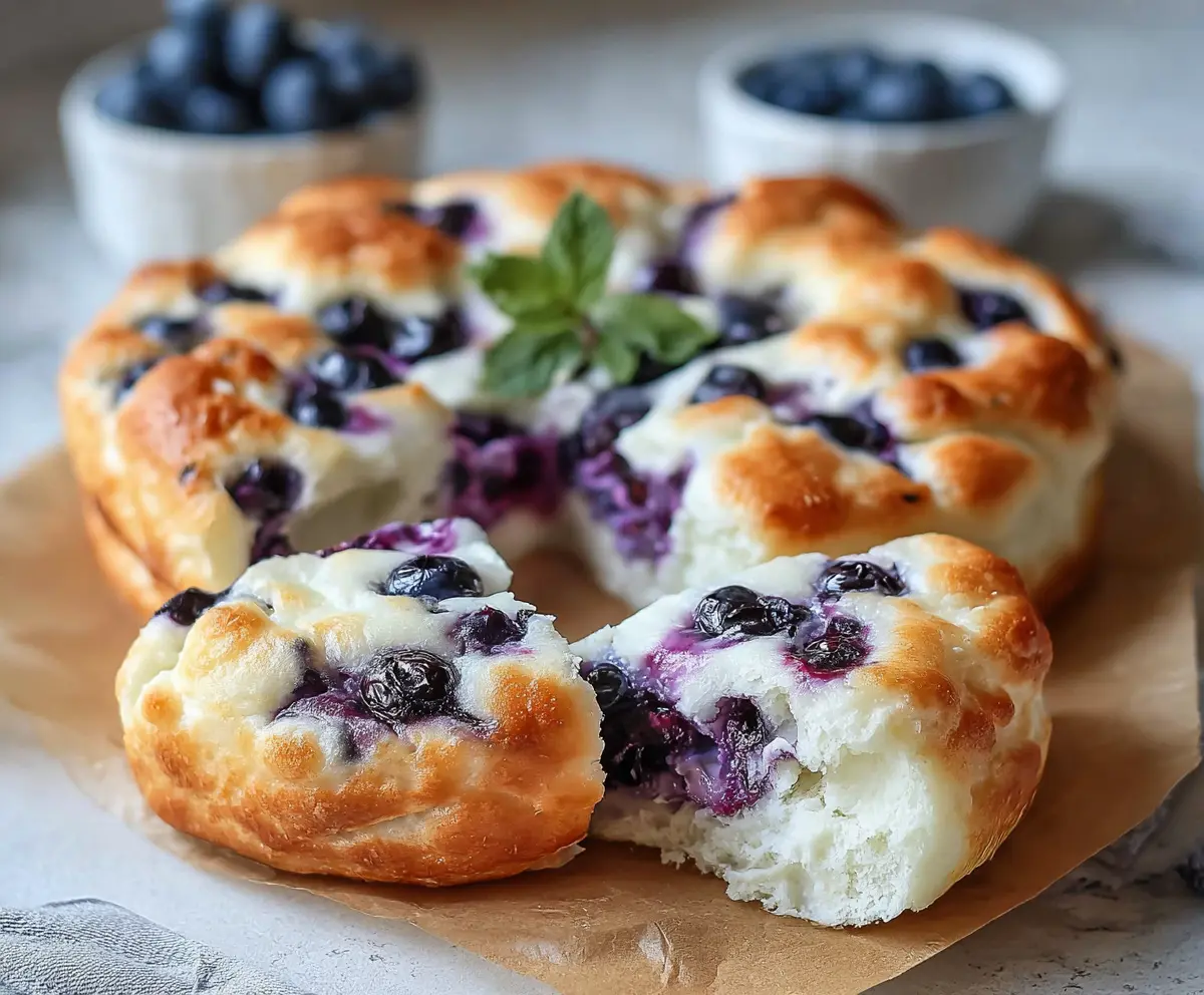 Delicious Cottage Cheese Blueberry Cloud Bread topped with fresh blueberries and soft fluffy texture.