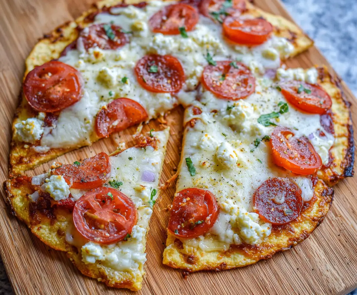 Delicious cottage cheese flatbread pizza topped with fresh herbs and vegetables