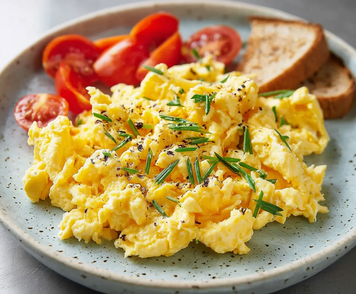 Delicious cottage cheese scrambled eggs served on a plate, perfect for a healthy breakfast.