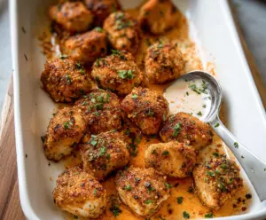 Delicious Cowboy Butter Chicken Bites garnished with herbs on a rustic plate