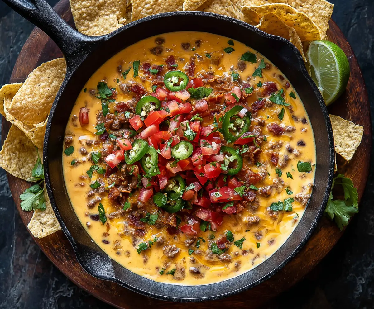 Creamy Cowboy Queso dip with melted cheese, sausage, and peppers served in a rustic bowl.