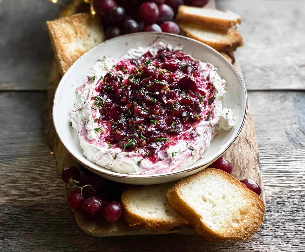 Creamy Cranberry Whipped Boursin Dip with fresh cranberries and herbs served in a white bowl.