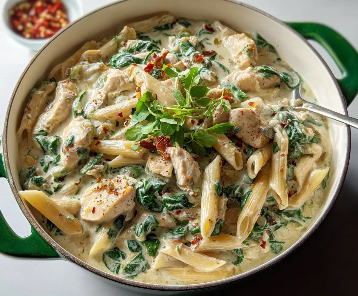 Creamy chicken and spinach pasta dish served on a plate, showcasing fresh ingredients and creamy sauce.