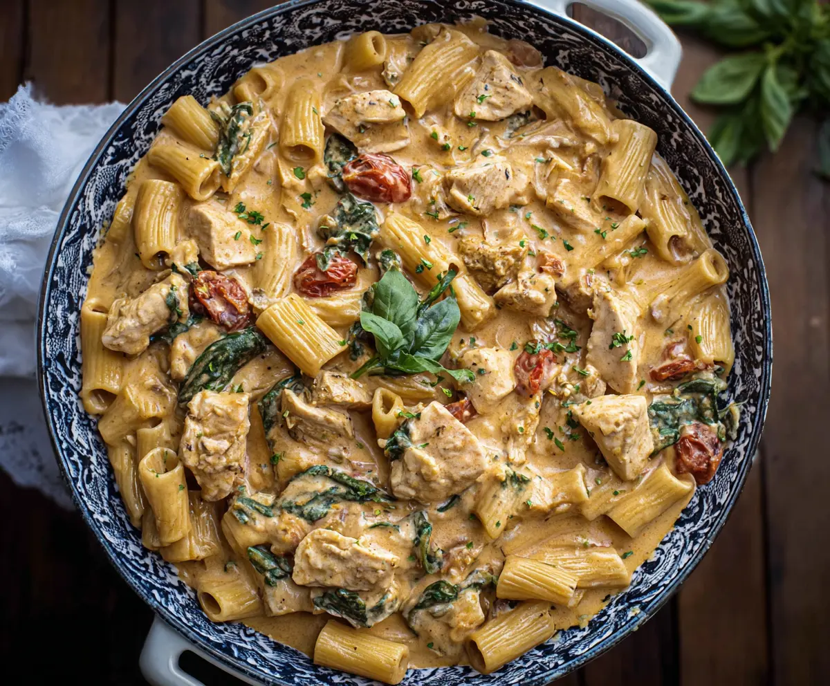 Delicious Creamy Tuscan Chicken Pasta with tender chicken, spinach, and sun-dried tomatoes in a rich cream sauce.