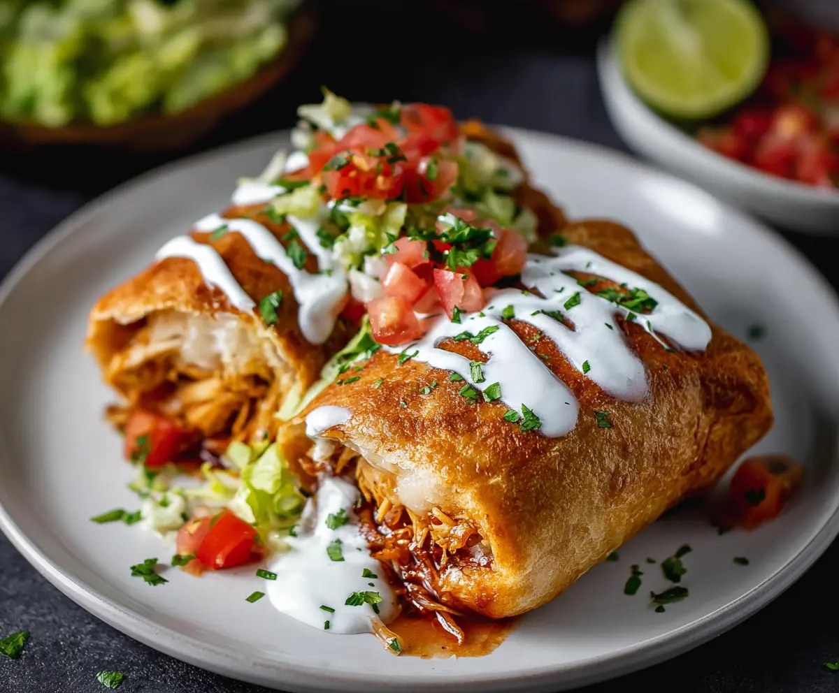 Golden crispy chicken chimichanga served with dipping sauce on a plate.
