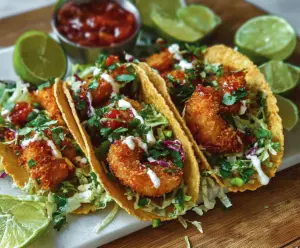 Crispy coconut shrimp tacos garnished with lime and fresh herbs on a white plate