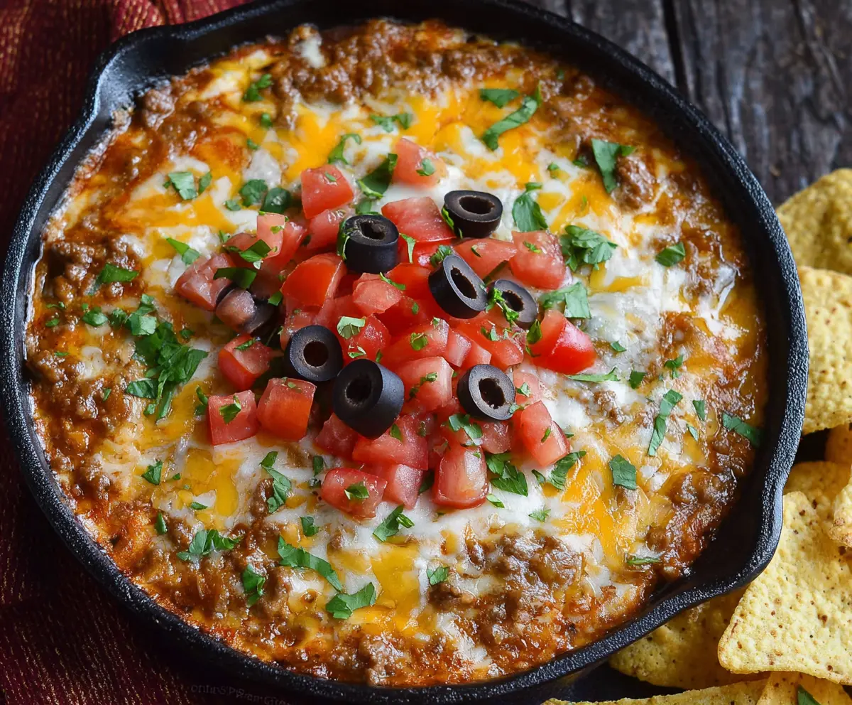 Delicious Crock Pot Beef Nacho Dip with melted cheese and seasoned beef served with tortilla chips.