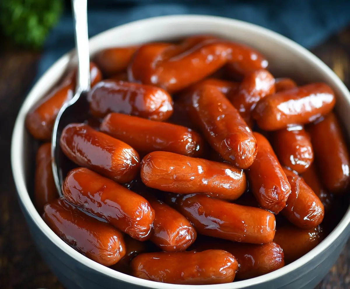 Delicious Crock Pot Little Smokies with smokey sausages and savory sauce in a slow cooker.