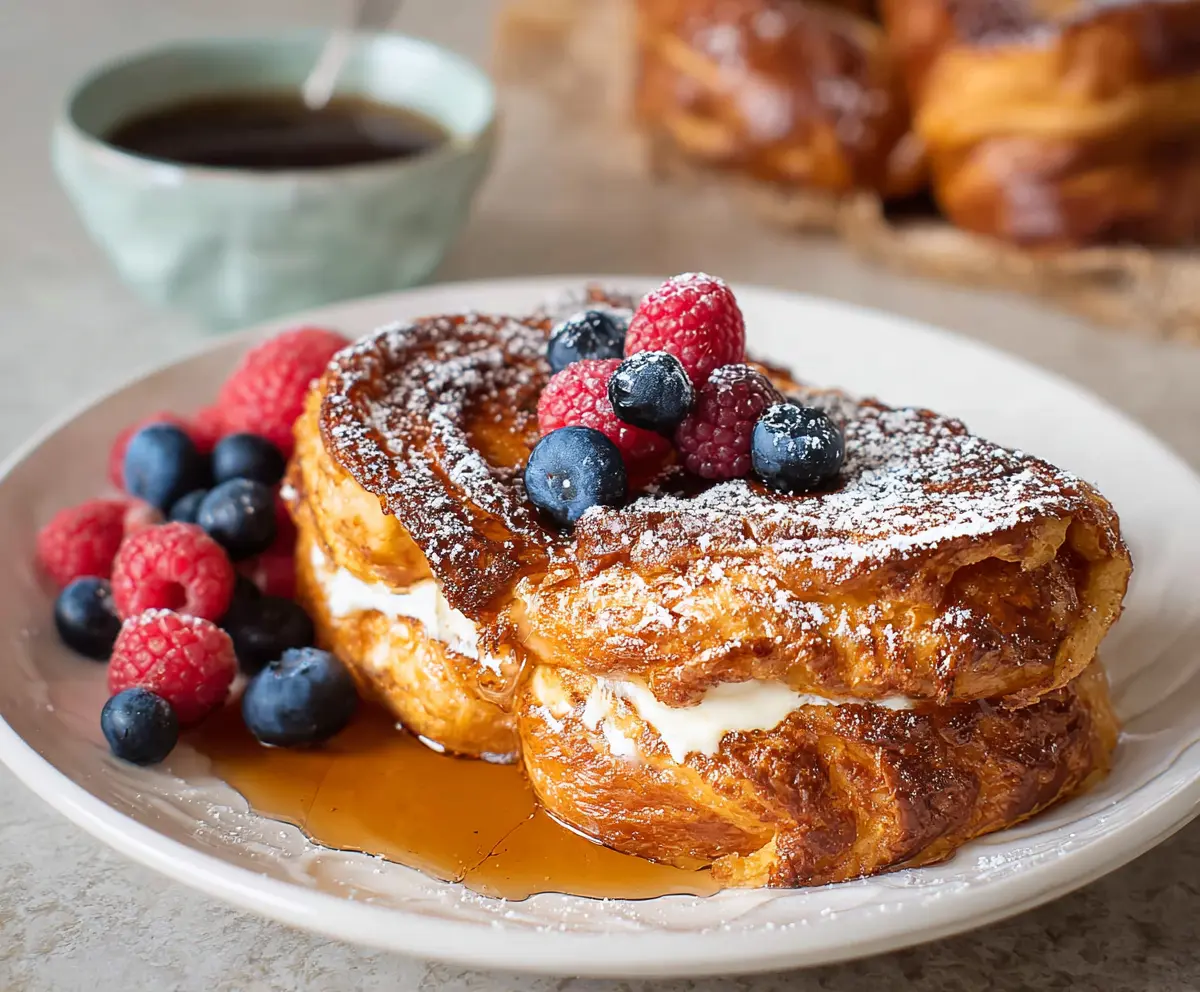 Golden-brown Croissant French Toast topped with fresh berries and syrup, served on a plate.