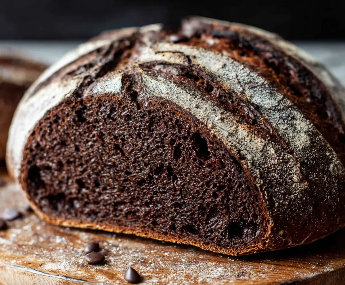 Delicious double chocolate sourdough bread fresh out of the oven with a rich chocolate glaze.