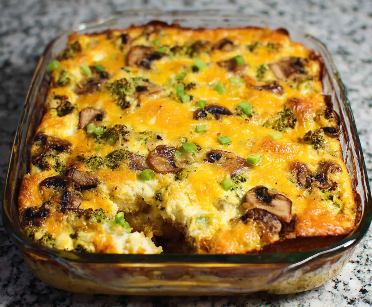 Delicious Egg Bake Casserole with eggs, cheese, and vegetables in a baking dish.