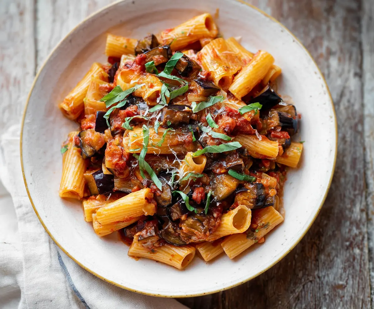Creamy eggplant pasta served with fresh herbs and grated cheese, perfect for a vegetarian dinner.