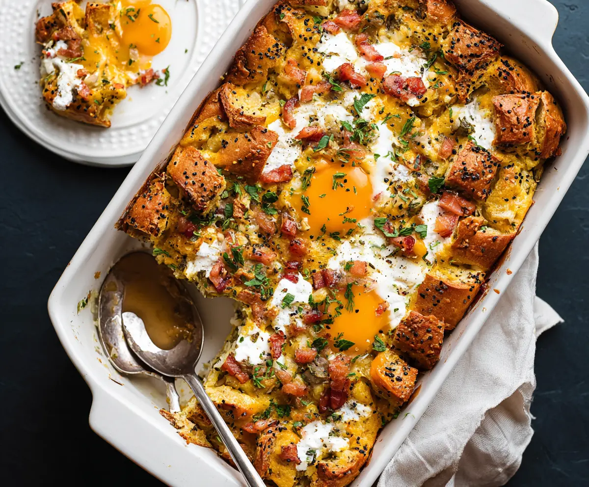 Delicious Everything Bagel Breakfast Casserole with eggs, cheese, and spices in a baking dish.