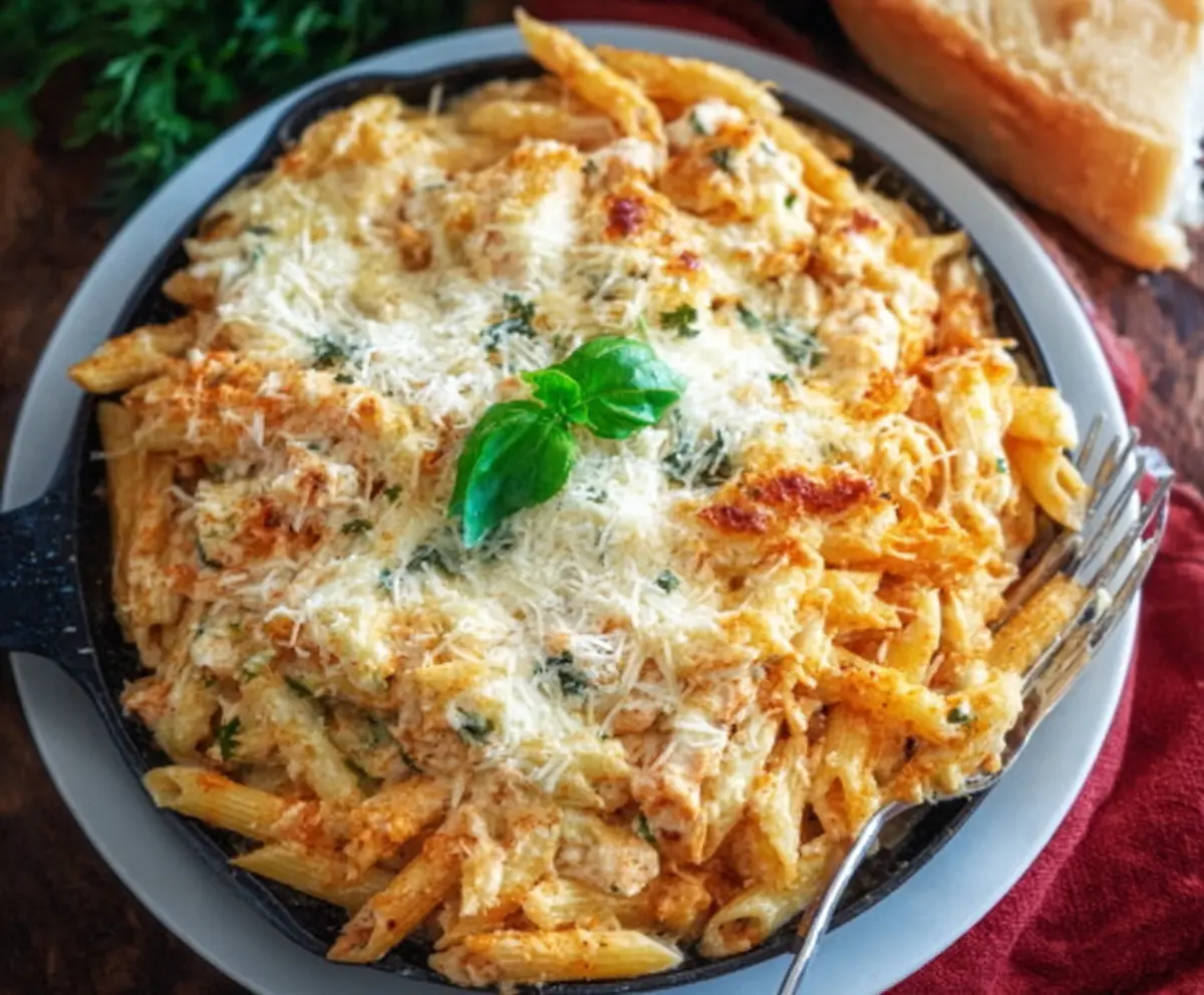 Creamy four cheese pasta dish with melted cheese, pasta, and herbs on a white plate.