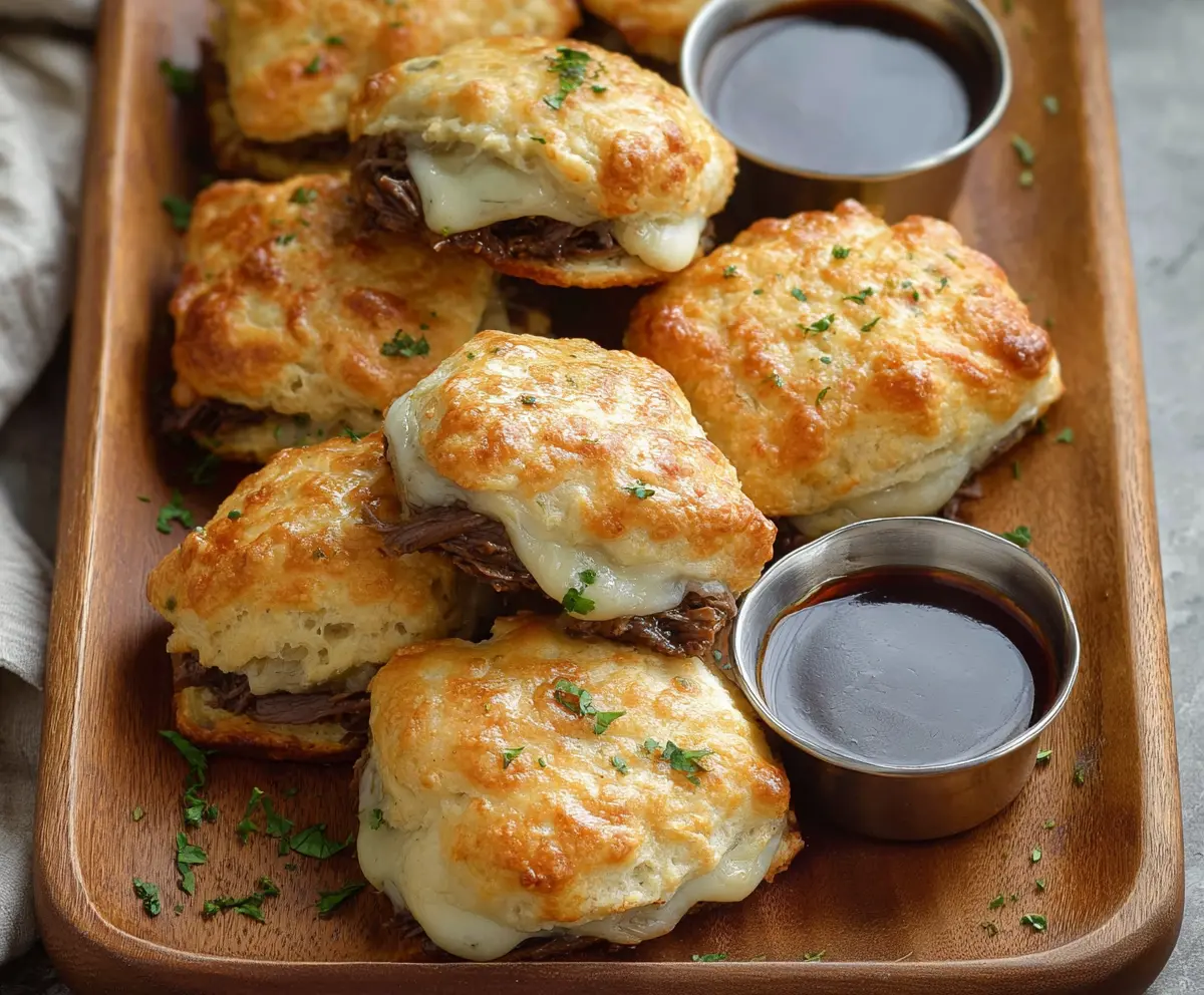 Delicious French Dip Biscuits with tender roast beef and melted cheese in flaky biscuits