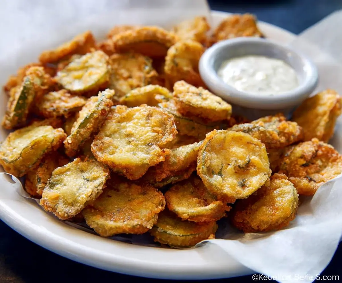 Crispy fried pickles with a golden-brown coating served on a white plate.