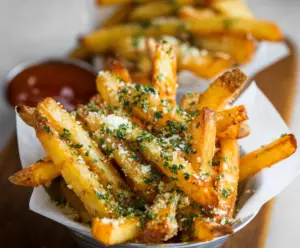 Crispy Garlic and Parmesan Fries served with fresh herbs for a flavorful snack.