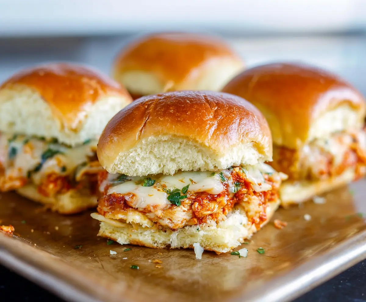 Delicious Garlic Chicken Parmesan Sliders with melted cheese and crispy bread rolls