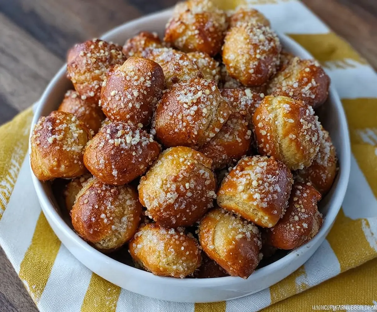 Golden garlic Parmesan pretzel bites served with dipping sauce on a wooden board.