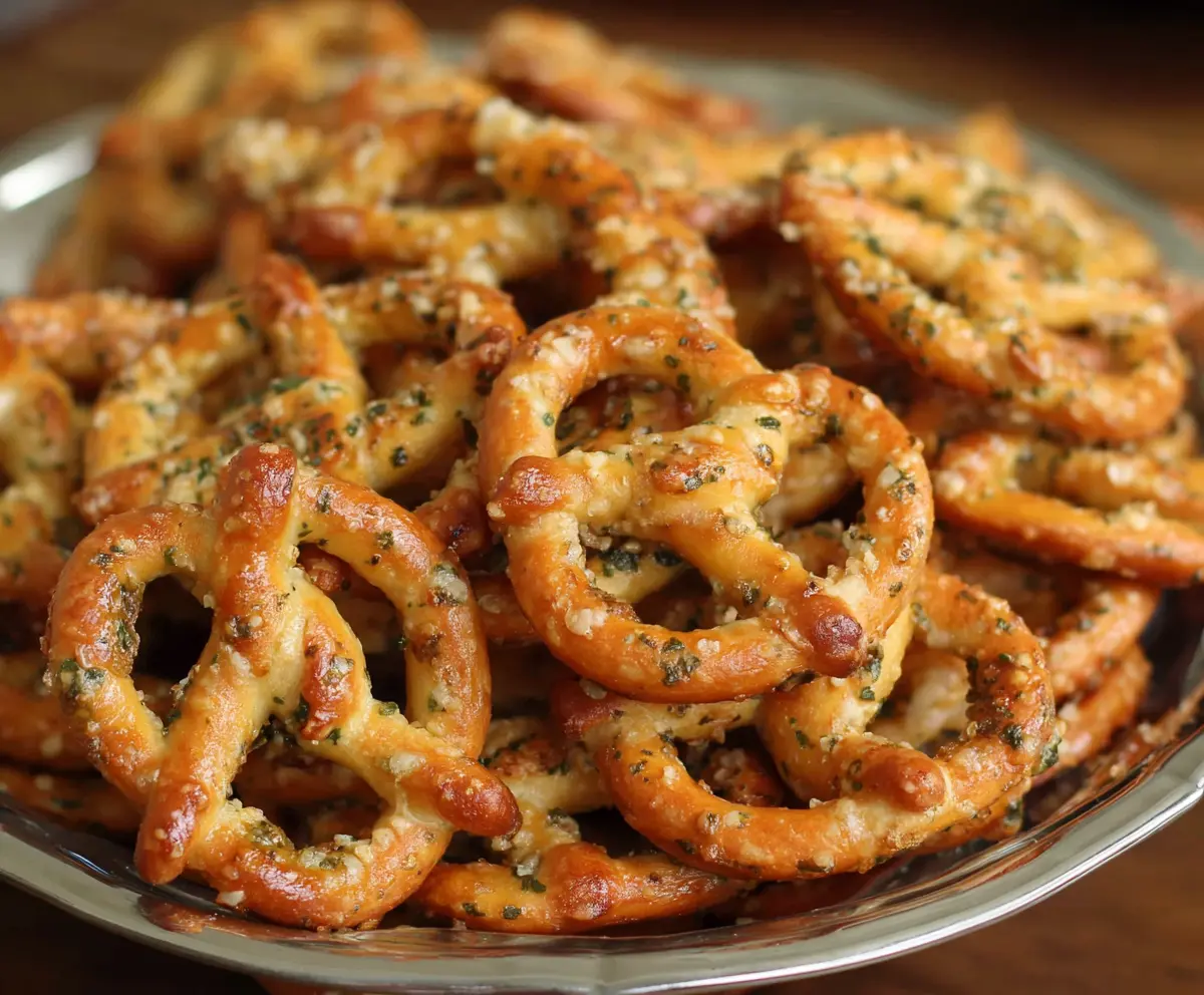 Crunchy garlic ranch pretzels with savory seasoning, perfect for snacking.