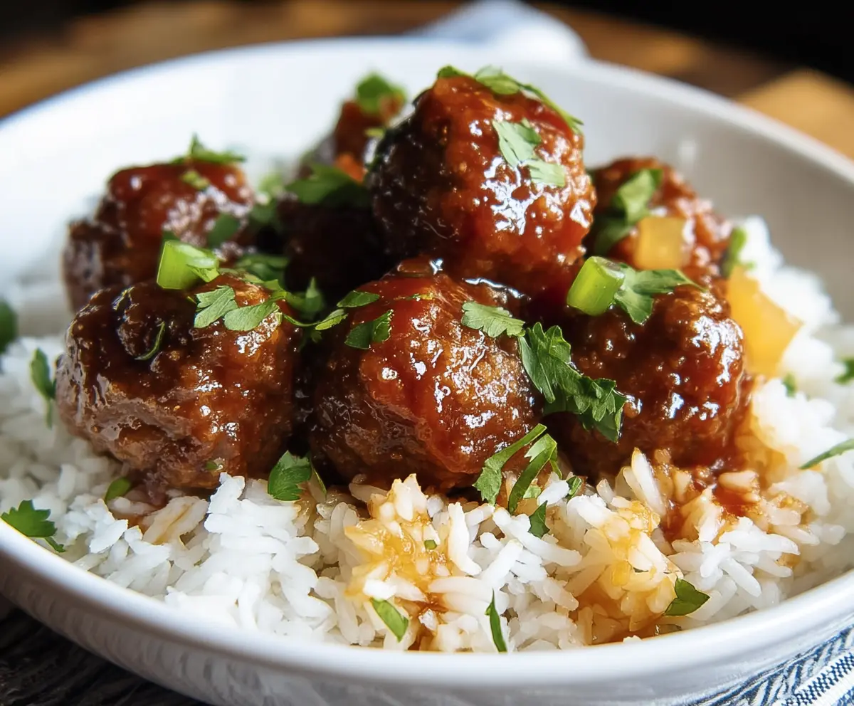Savory Hawaiian meatballs served with pineapple chunks and glaze on a white plate
