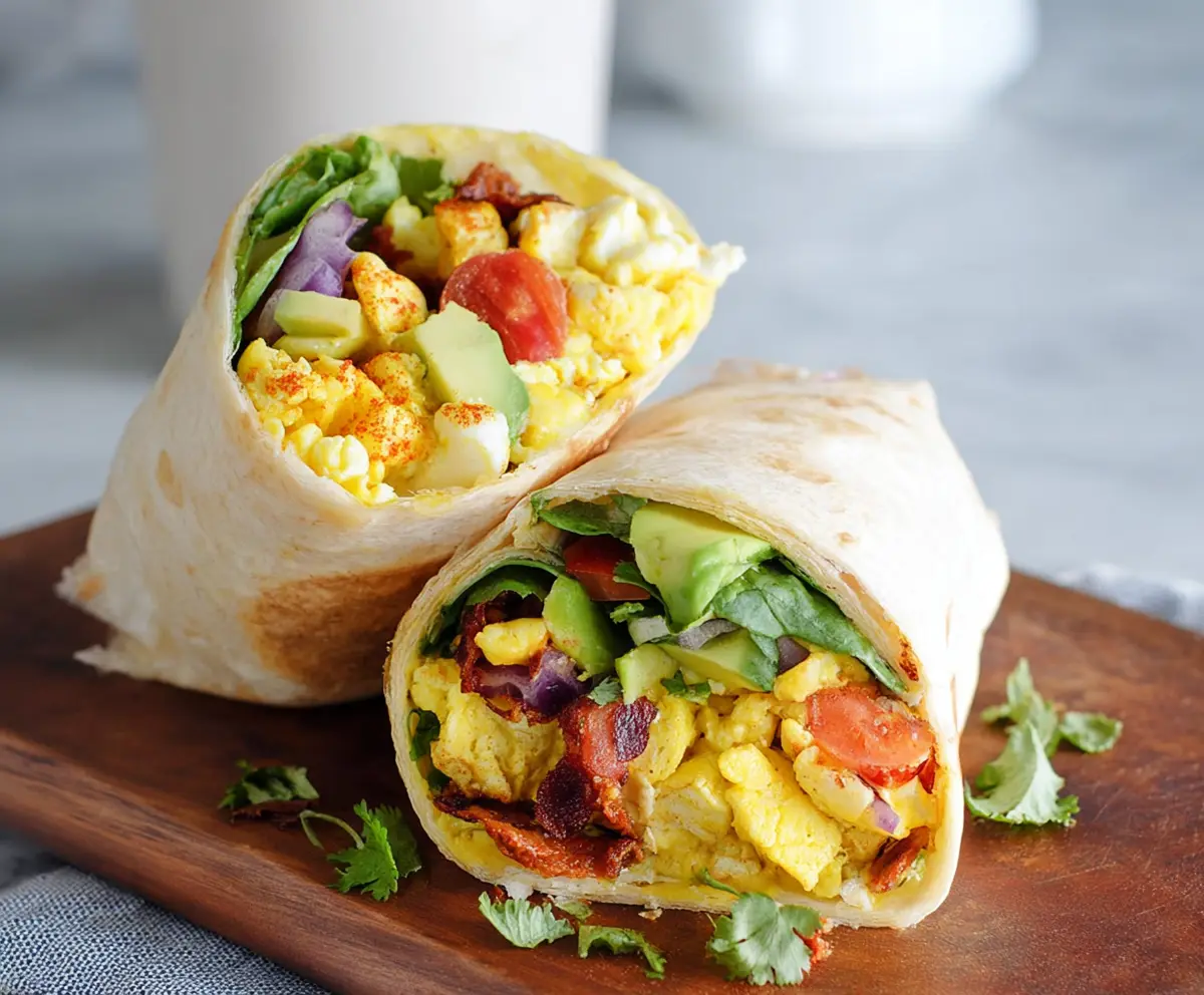 Healthy breakfast burrito filled with fresh vegetables and lean proteins on a plate.