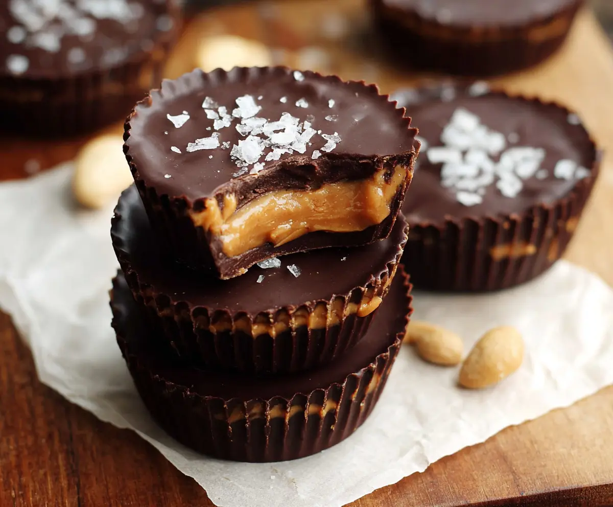 Healthy dark chocolate peanut butter cups with natural ingredients and a smooth chocolate coating.