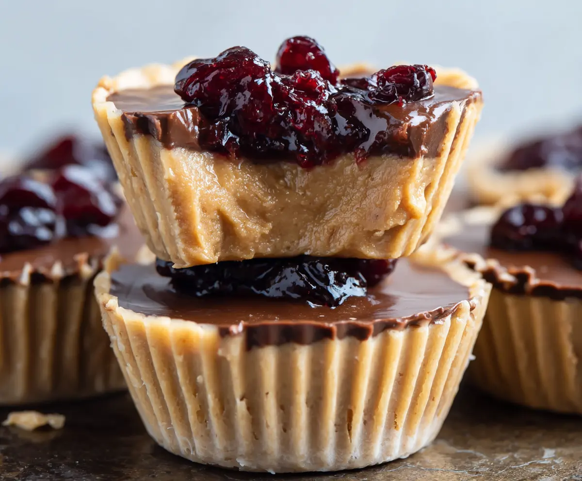 Delicious Healthy Peanut Butter and Jelly Cups in a glass dish, showcasing a colorful and nutritious snack.