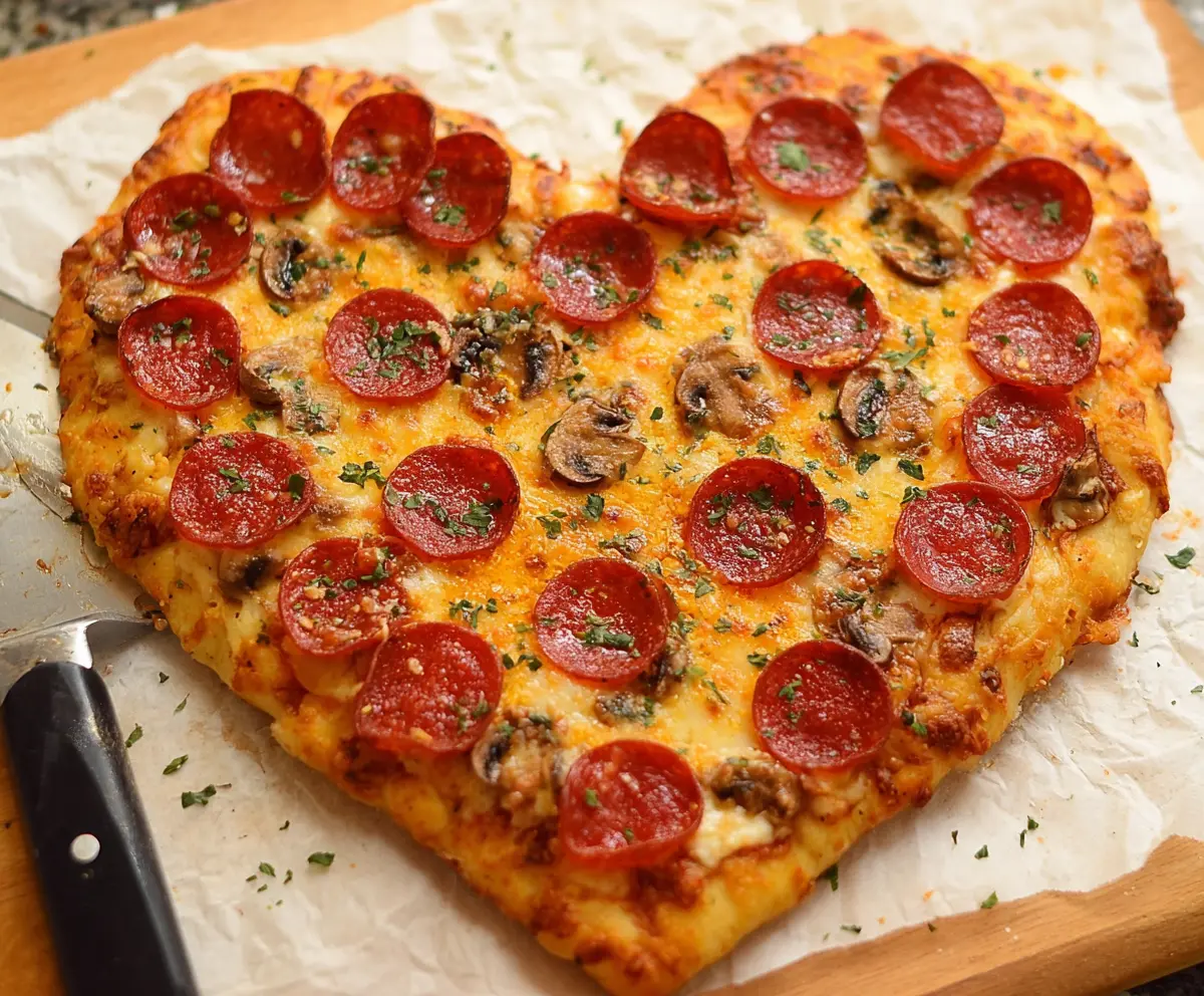 Delicious heart-shaped pizza topped with cheese and fresh ingredients, perfect for a romantic meal.