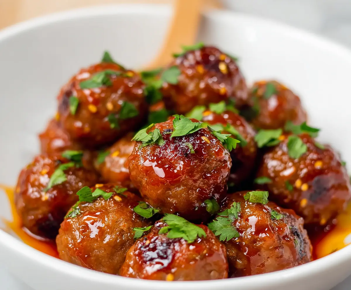 Delicious Honey Sriracha Meatballs garnished with fresh herbs on a white plate.