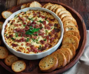 Creamy Hot Smoked Gouda Bacon Dip served with fresh bread and crispy bacon pieces.