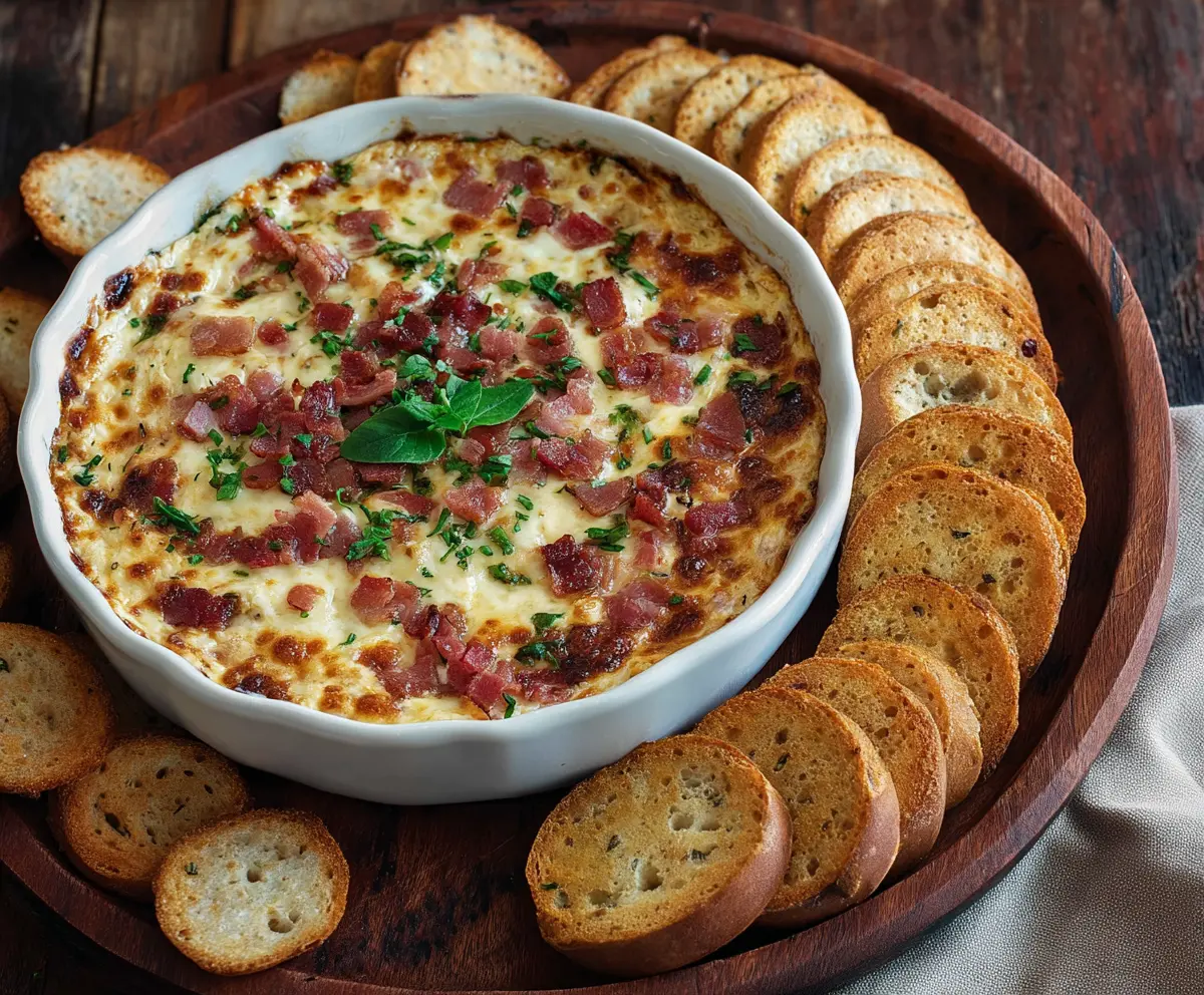 Creamy Hot Smoked Gouda Bacon Dip served with fresh bread and crispy bacon pieces.