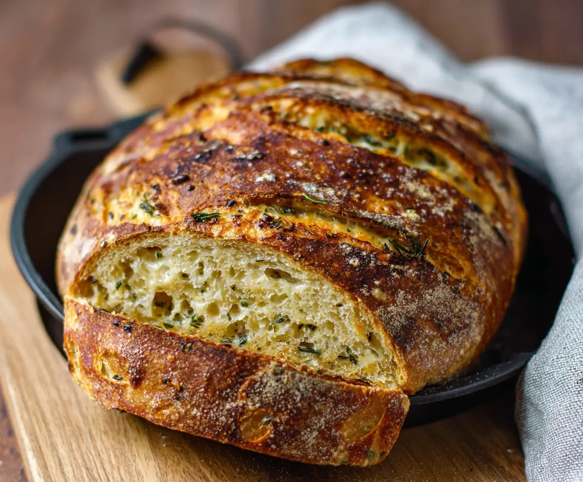 Crusty Italian herb and cheese sourdough bread on a rustic wooden table.
