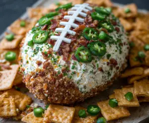 Creamy jalapeño popper cheese ball with crispy bacon and chives, perfect for football parties.