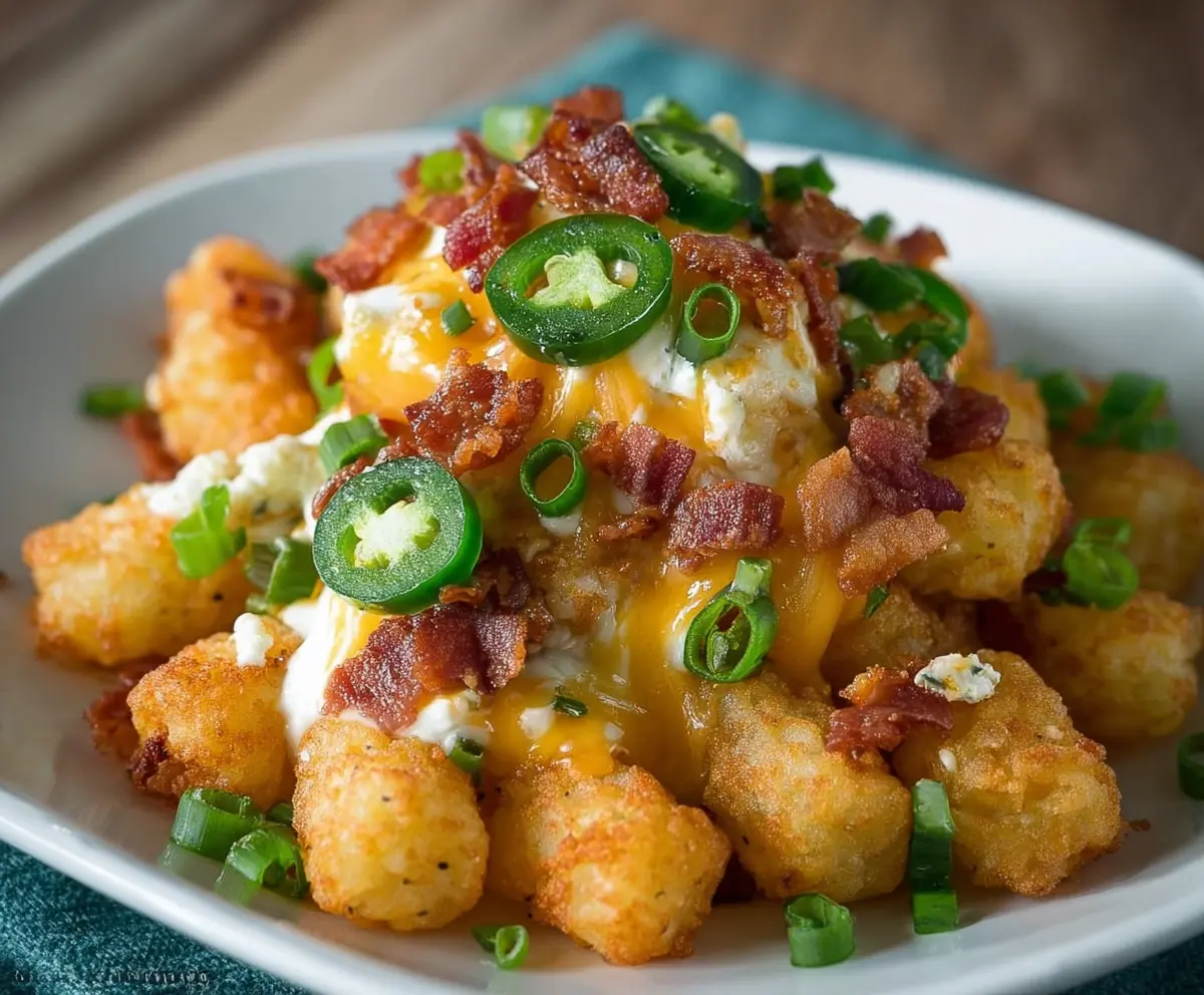Crispy Jalapeno Popper Tater Tots topped with melted cheese and fresh jalapenos, perfect for snacking.