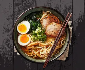 Delicious steaming Japanese ramen noodles with sliced pork, eggs, and green onions in a savory broth.