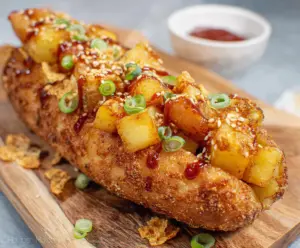 Delicious Korean Potato Hot Dog topped with crispy potato slices and savory sausage.