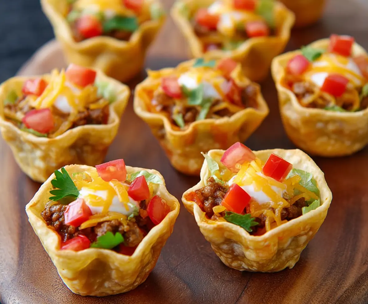 Delicious mini taco cups filled with seasoned meat, cheese, and fresh toppings, perfect for parties.