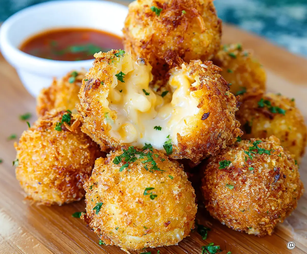 Crispy Mac and Cheese Bites served on a plate with a honey mustard dipping sauce.