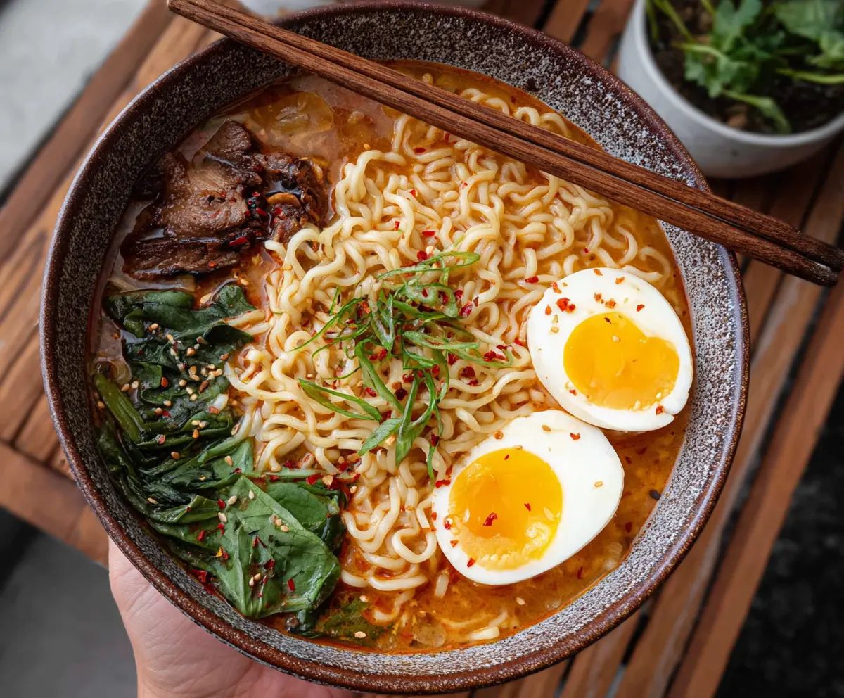 Delicious steaming bowl of homemade miso ramen noodles with vegetables and sliced pork.