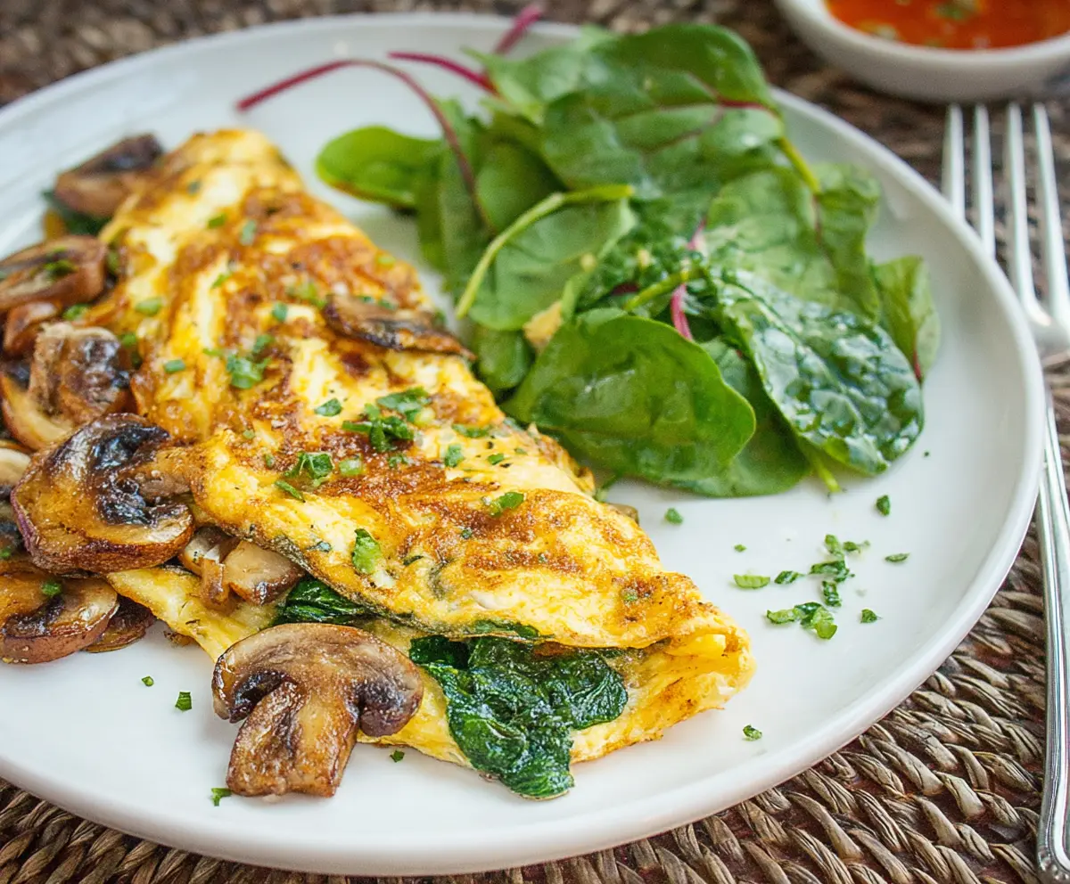 Delicious mushroom and spinach omelet ready for breakfast or brunch.