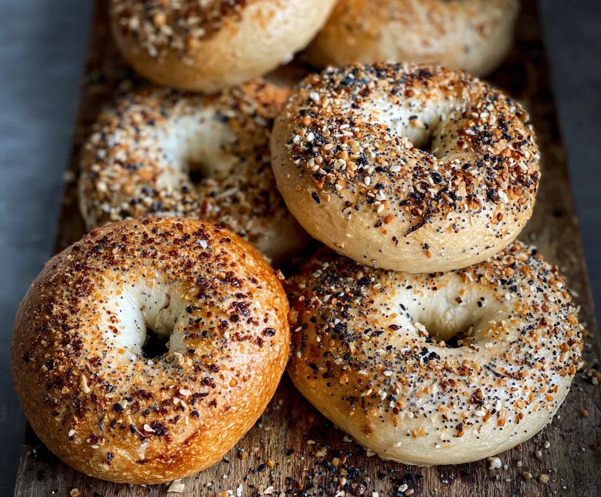 Homemade no yeast sourdough discard bagels on a wooden board with sesame seeds
