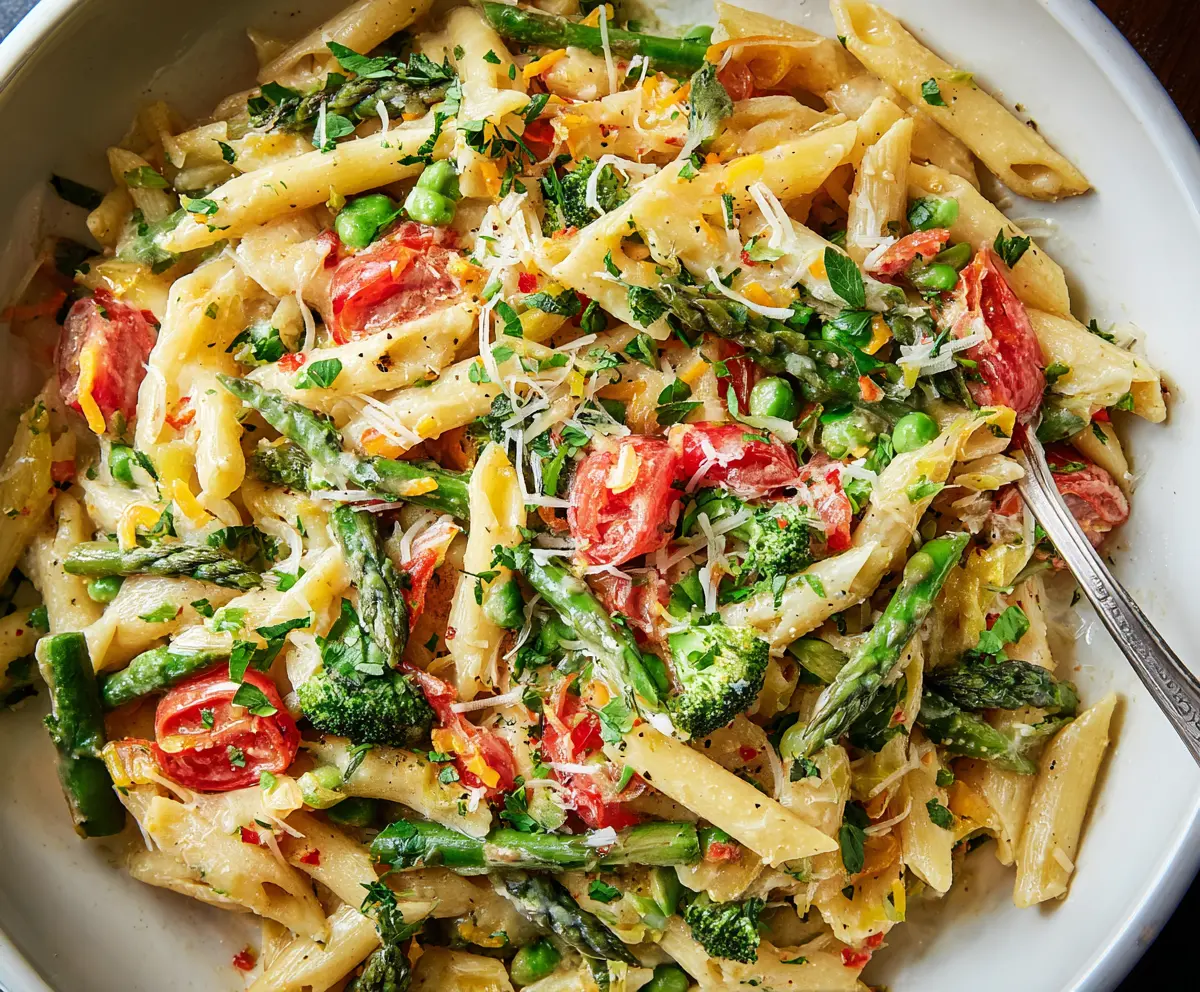 Colorful Pasta Primavera dish with fresh vegetables and herbs in a white bowl.