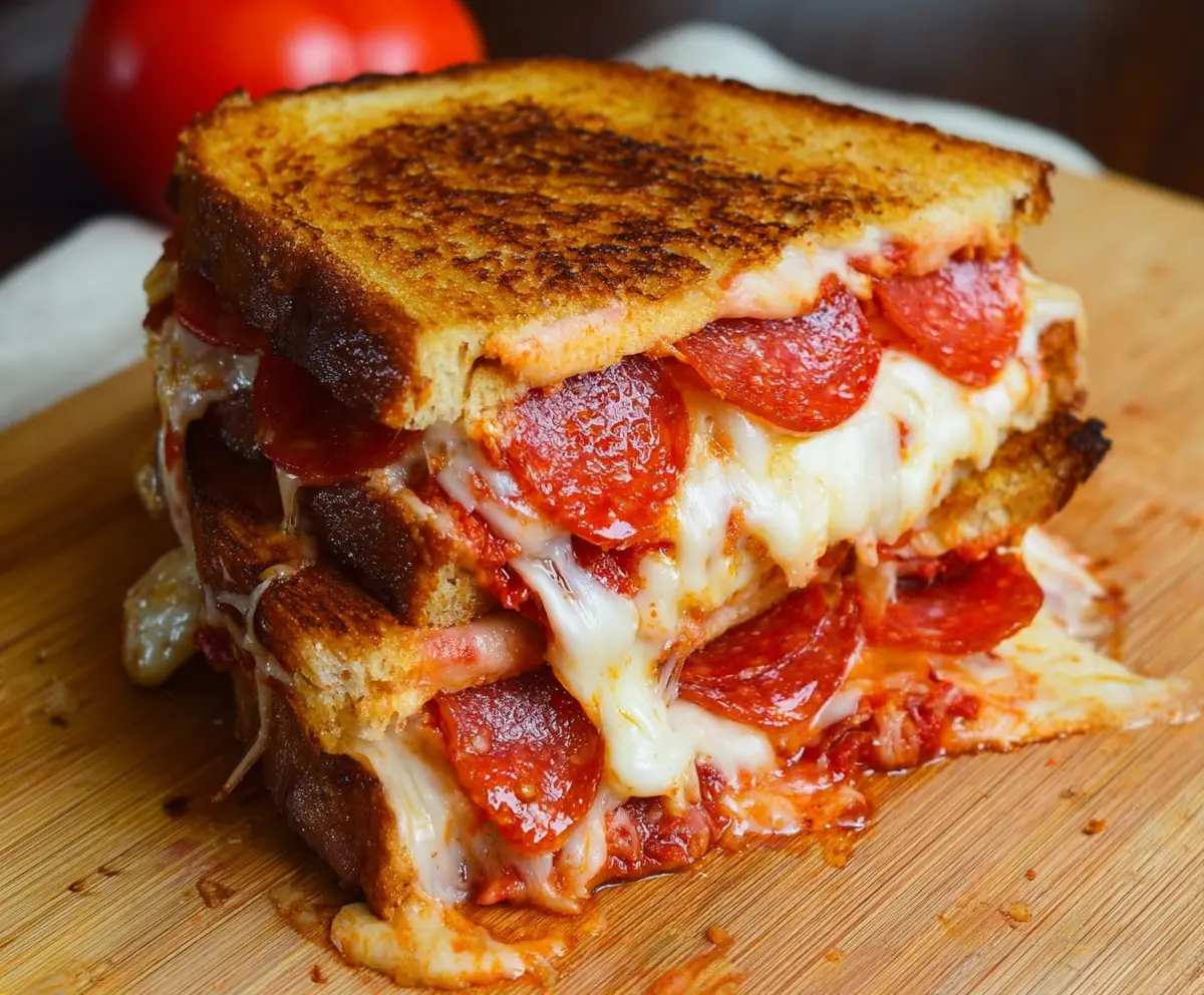 Delicious pepperoni pizza grilled cheese sandwich with melted cheese and crispy bread.