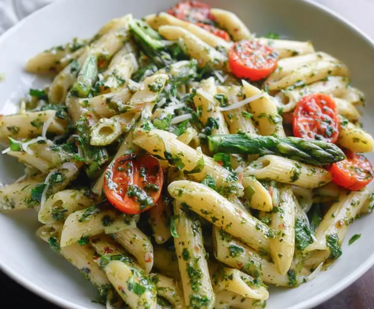 Delicious pesto penne pasta garnished with fresh basil and grated Parmesan cheese.
