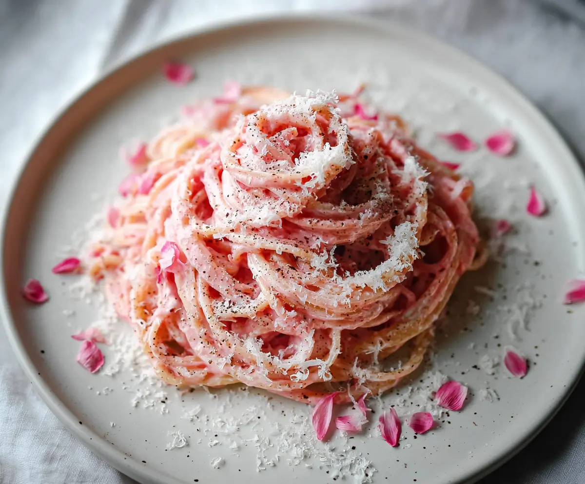 Delicious Pink Cacio E Pepe pasta dish garnished with herbs on a rustic plate.