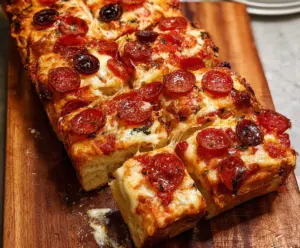 Delicious homemade pizza bread topped with melted cheese and fresh ingredients.